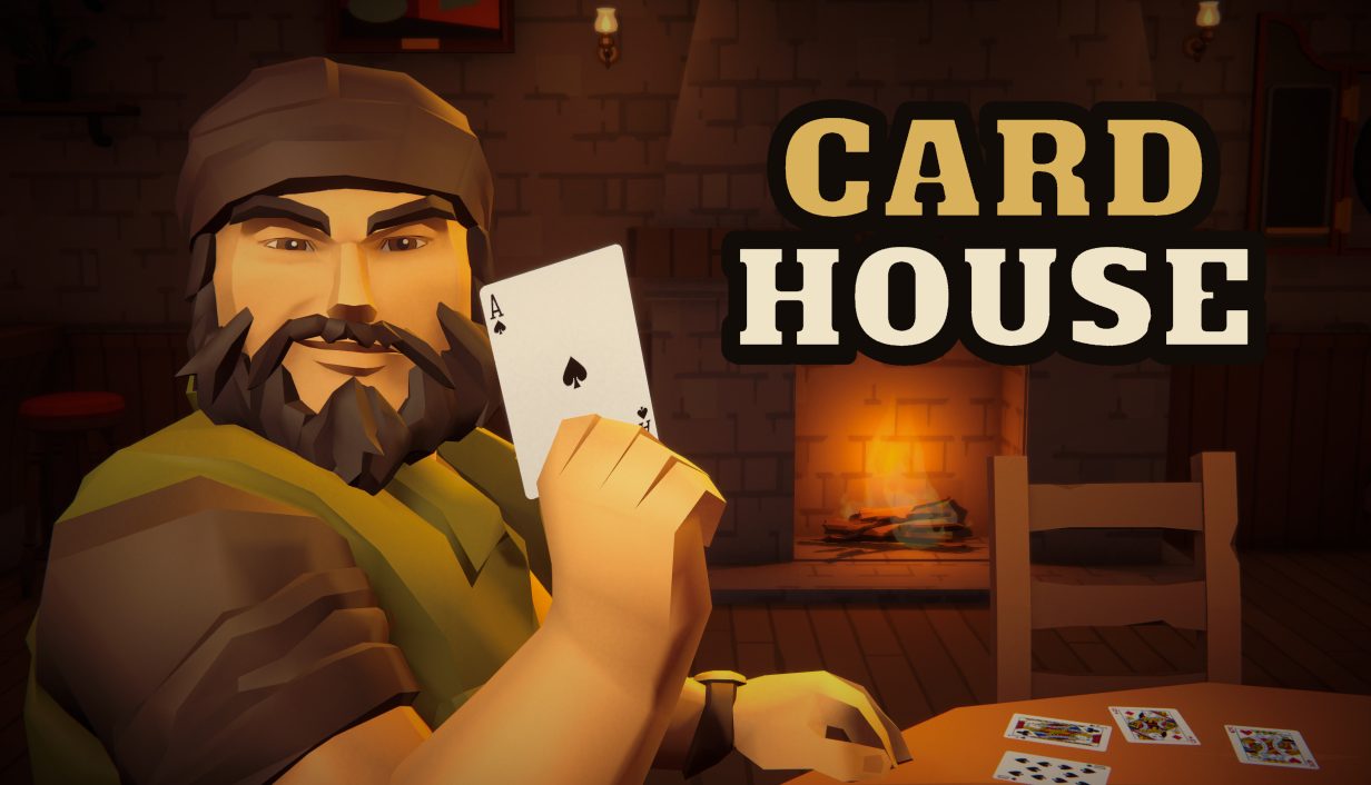 Card House: a bearded player holds up the ace of spades in a firelit tavern